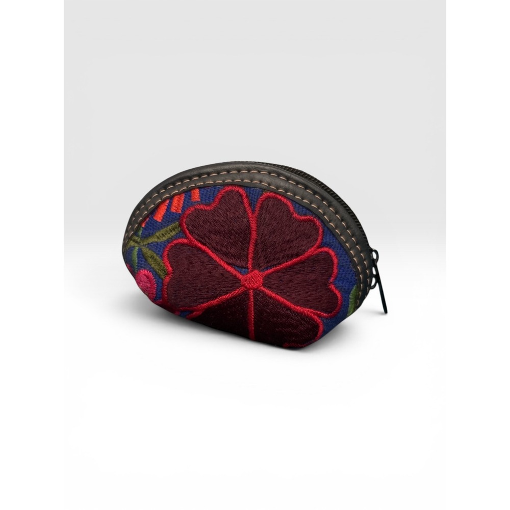 Handmade Floral Embroidered Coin Purse Navy Blue Faux Leather Boho Zipper Pouch